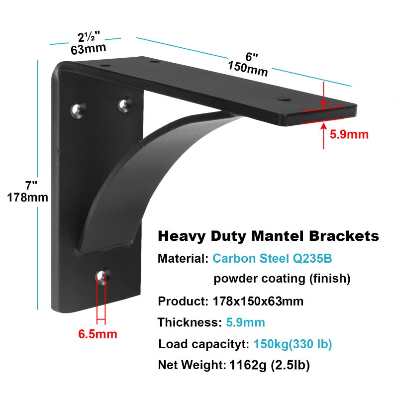 MOUNTAIN_ARK 2Pcs Heavy Duty Steel Mantel Brackets  7 X 6 X 2 Inches Metal Shelf Bracket Support For Fireplace  Wall Mounted Floating Triangle Holder  Hand Welded Countertop Bracket Load 330 Lb  5.9 Mm Thickness - Image 2