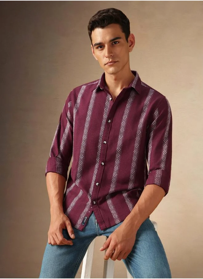 Dennis Lingo Maroon Cotton Poly Relaxed Fit Striped Woven Spread Collar Full Sleeves Button Down Shirt for men - Make every day iconic