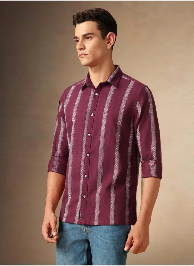 Dennis Lingo Maroon Cotton Poly Relaxed Fit Striped Woven Spread Collar Full Sleeves Button Down Shirt for men - Make every day iconic