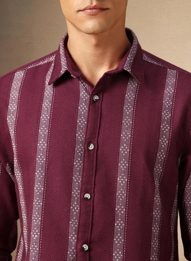 Dennis Lingo Men's Maroon Cotton Blend Striped Button Down Relaxed Shirt