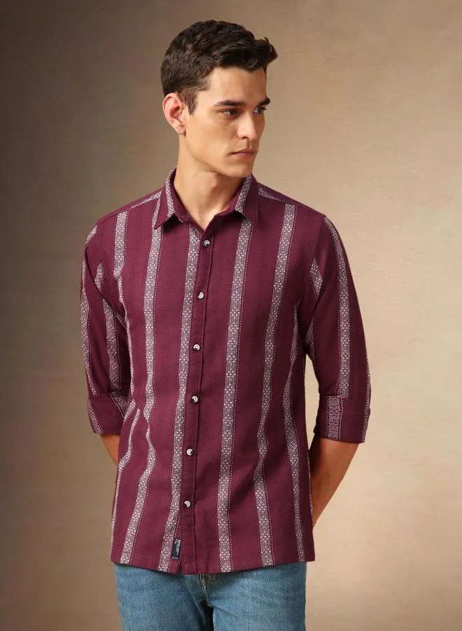 Dennis Lingo Men's Maroon Cotton Blend Striped Button Down Relaxed Shirt