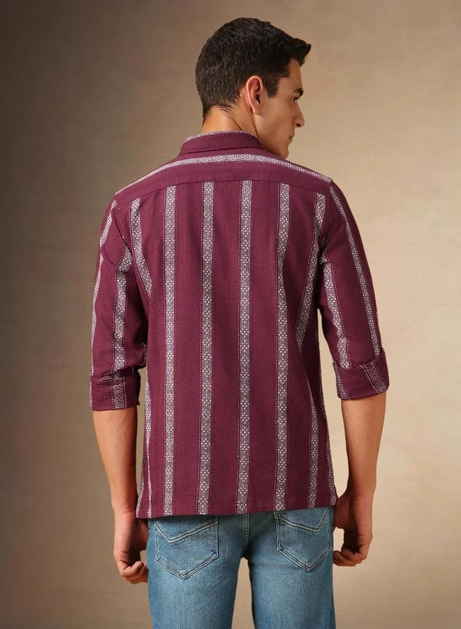 Dennis Lingo Men's Maroon Cotton Blend Striped Button Down Relaxed Shirt