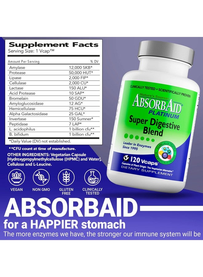 AbsorbAid دعم إنزيمات الهضم البلاتينية 120 كبسولة 12 إنزيم هضمي بالإضافة إلى 2 بروبيوتيك لأقصى راحة - Image 3