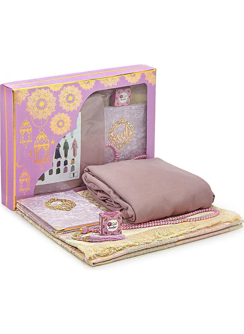 İhvan Online - Practical Headscarved One-Piece Prayer Dress and Prayer Rug Set, Dusty Rose - Image 1