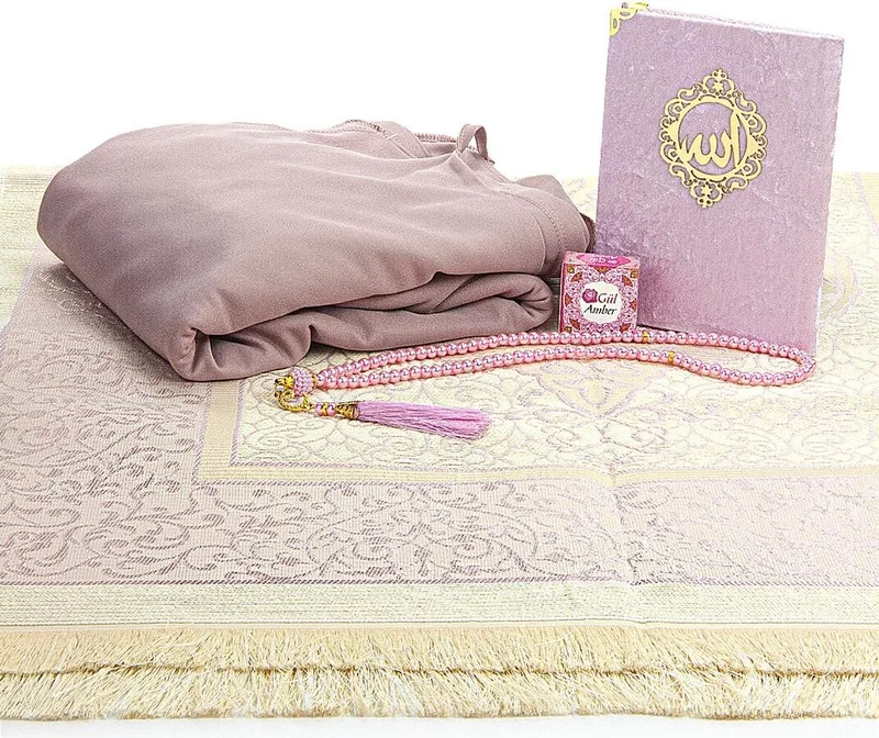 İhvan Online Practical Headscarved One-Piece Prayer Dress and Prayer Rug Set, Dusty Rose