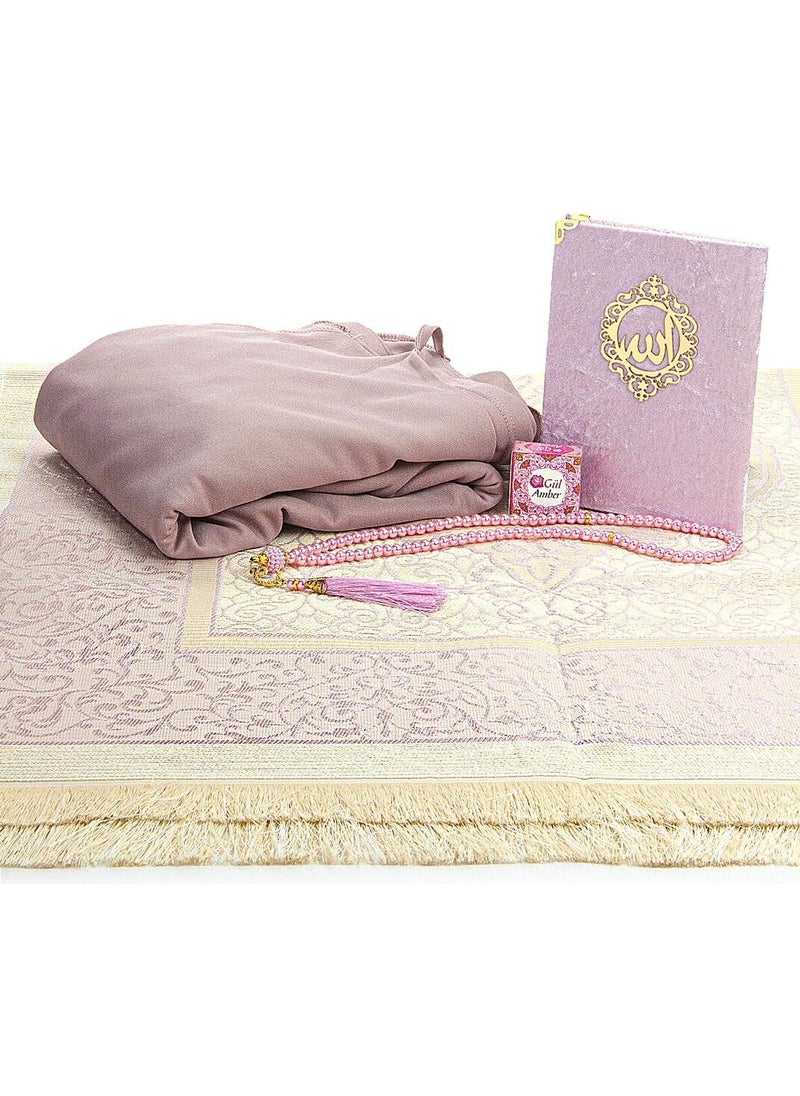 İhvan Online - Practical Headscarved One-Piece Prayer Dress and Prayer Rug Set, Dusty Rose - Image 1