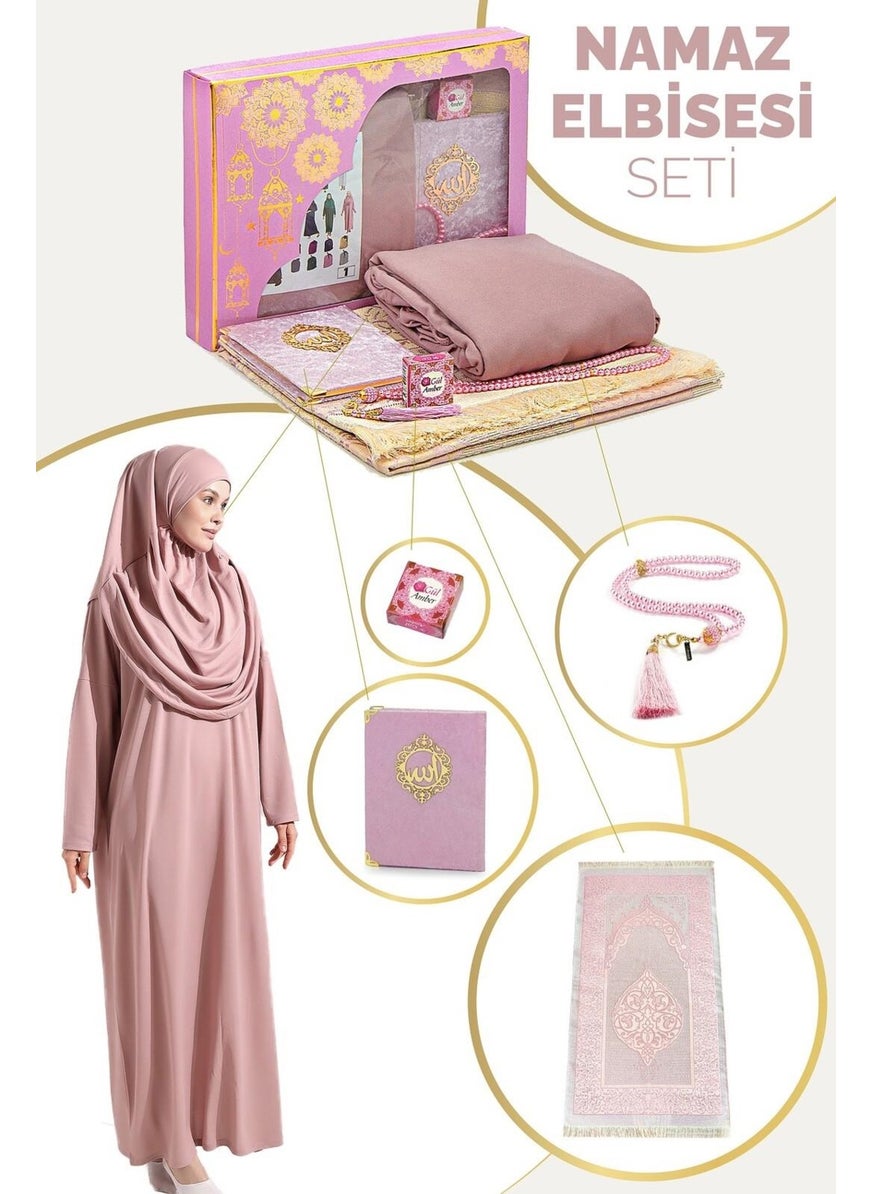 İhvan Online - Practical Headscarved One-Piece Prayer Dress and Prayer Rug Set, Dusty Rose - Image 1