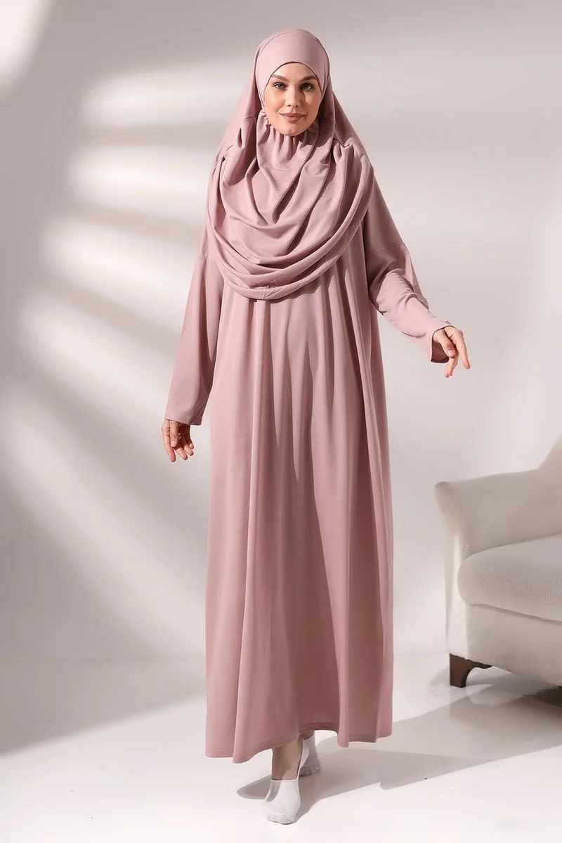 İhvan Online Practical Headscarved One-Piece Prayer Dress and Prayer Rug Set, Dusty Rose