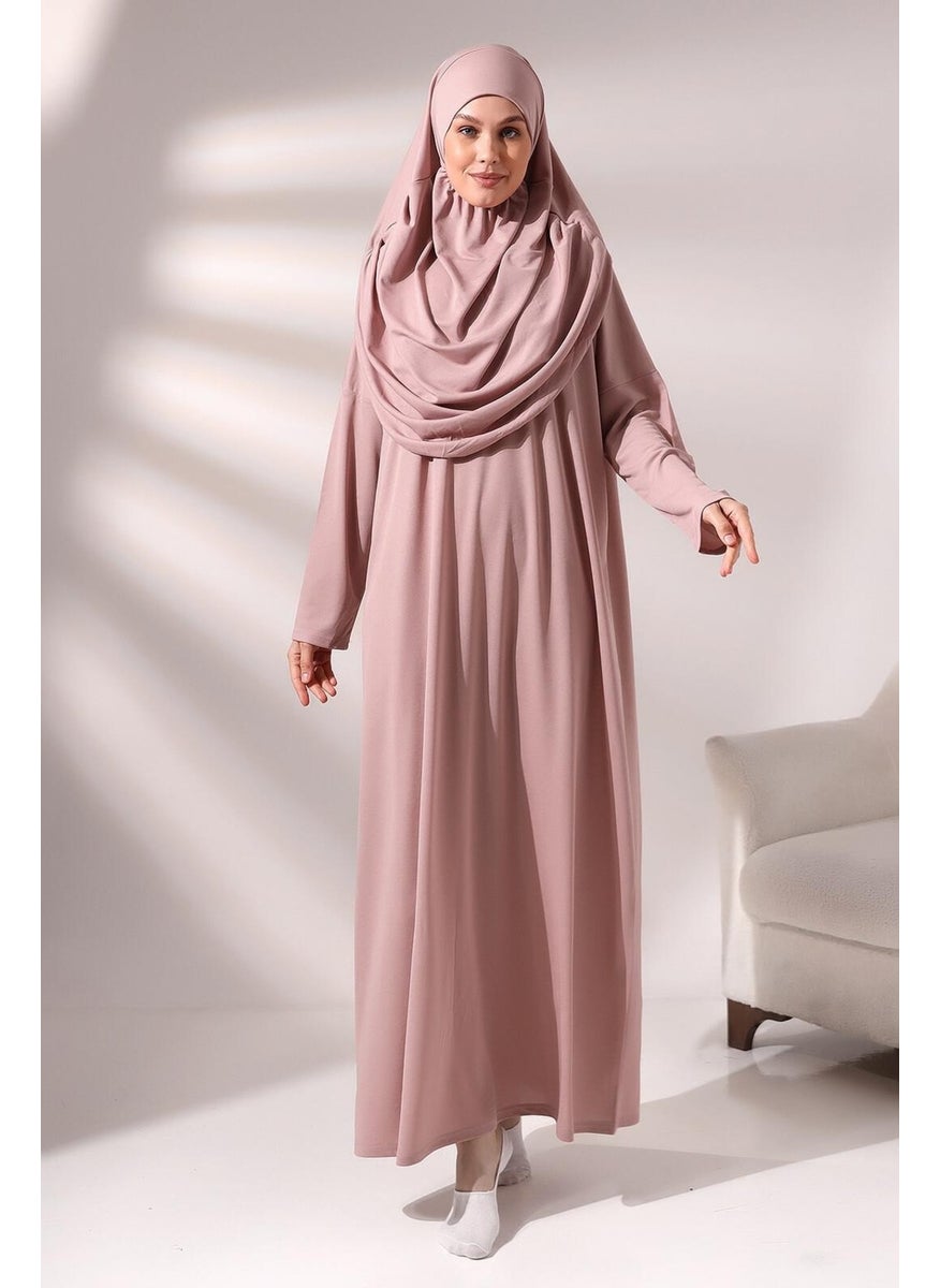 İhvan Online - Practical Headscarved One-Piece Prayer Dress and Prayer Rug Set, Dusty Rose - Image 1