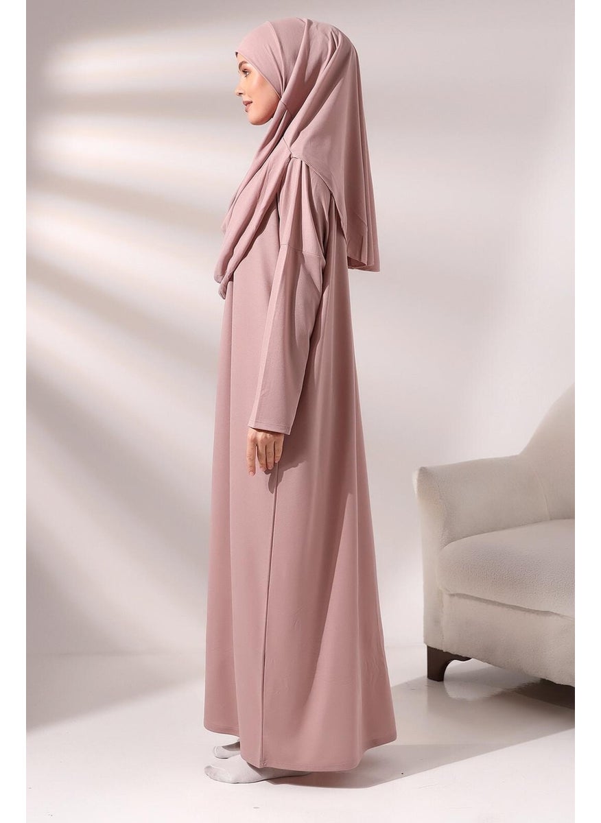 İhvan Online - Practical Headscarved One-Piece Prayer Dress and Prayer Rug Set, Dusty Rose - Image 1