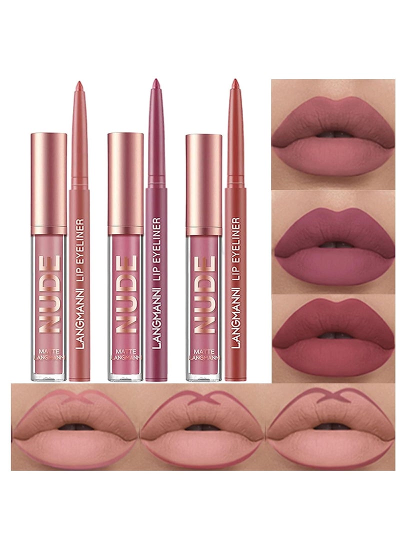 Bestland - BestLand 6Pcs Matte Liquid Lipstick and Lip Liner Set NonStick Cup Not Fade Waterproof 24 Hour Lip Gloss Nude Brown Lip Liner Pencil for Women labiales mate 24 horas originales Set C - Image 1