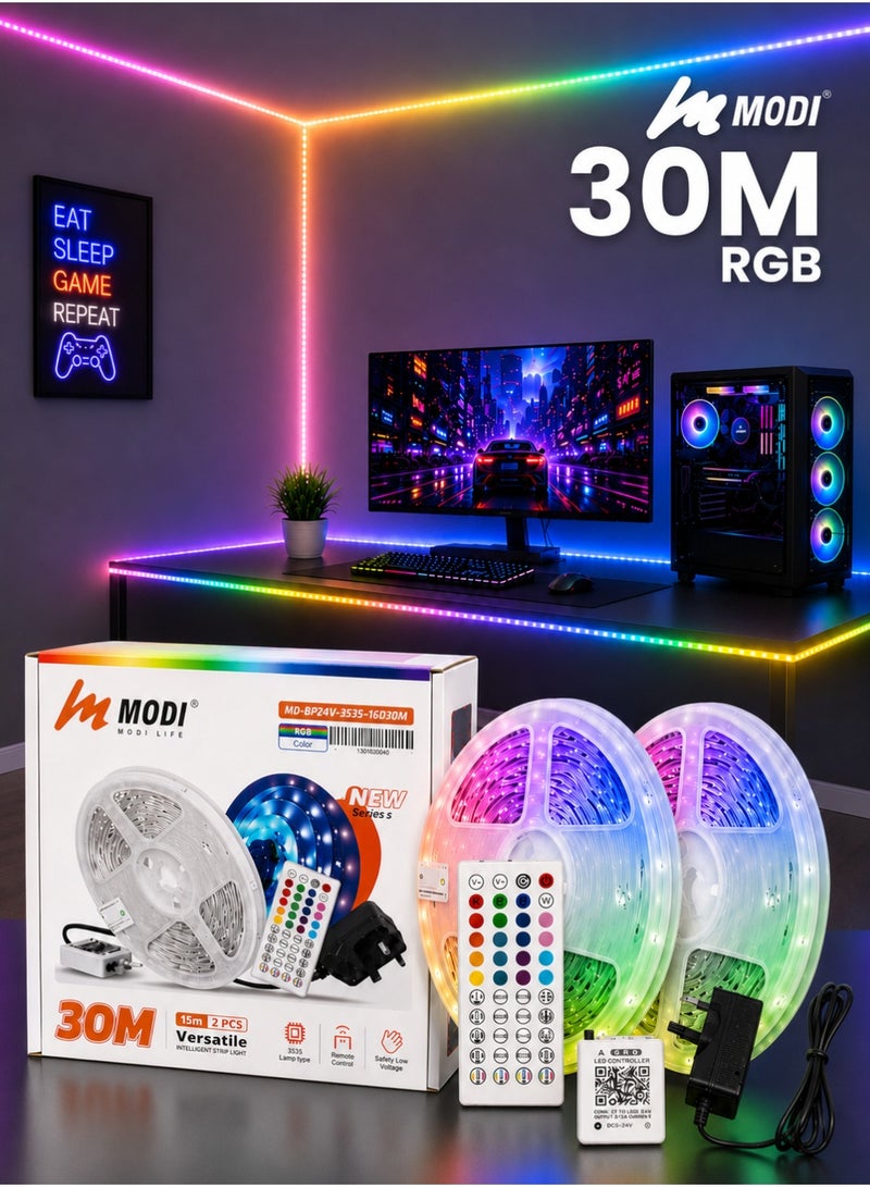 MODI 30M LED Light Strip Bluetooth Smart App Music Sync Color Changing RGB LED Light Strip with Remote Control and Power Adapter Led Lights for Bedroom Room Home Decor - Image 1