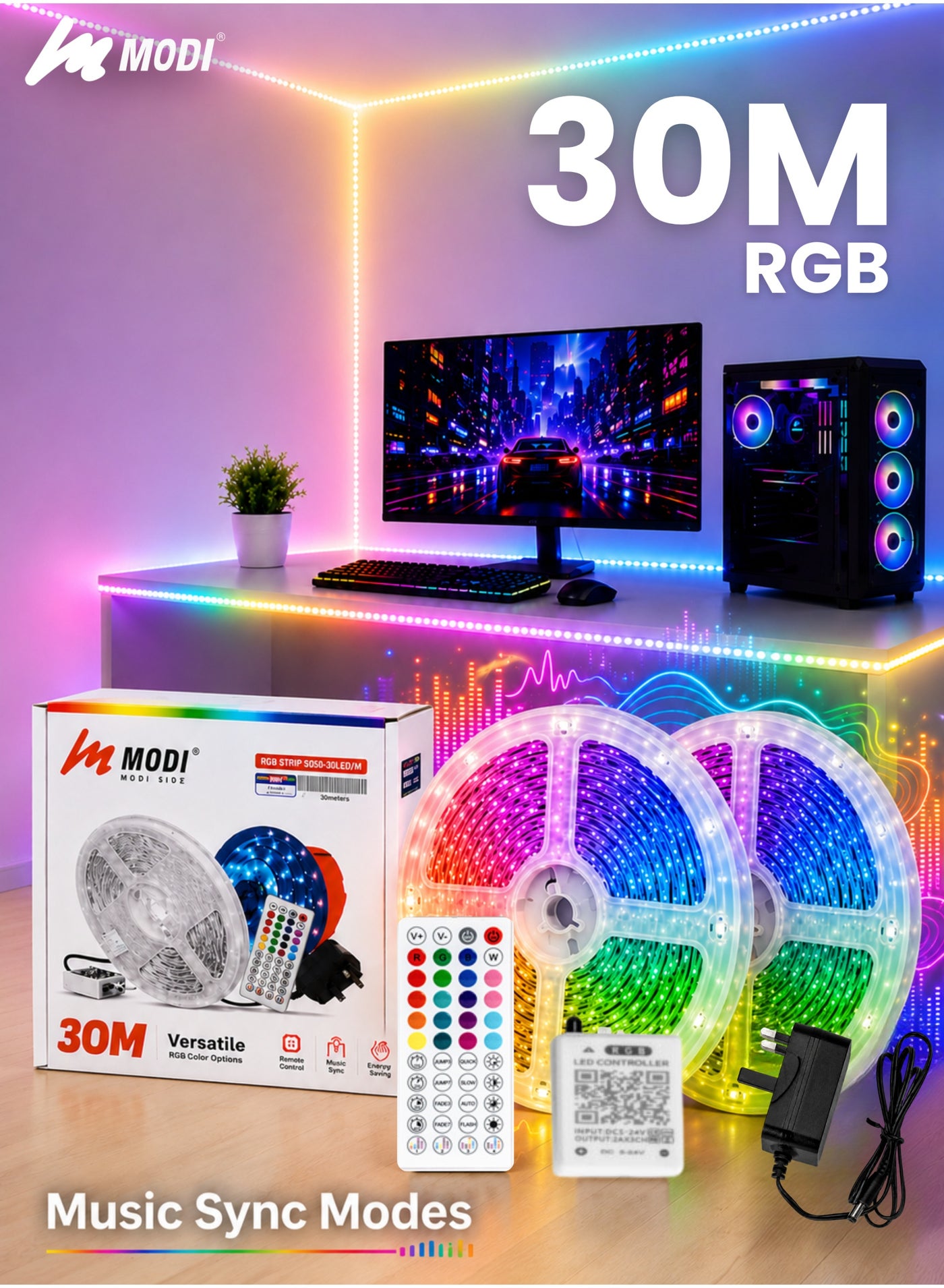 30M LED Light Strip Bluetooth Smart App Music Sync Color Changing RGB LED Light Strip with Remote Control and Power Adapter Led Lights for Bedroom Room Home Decor
