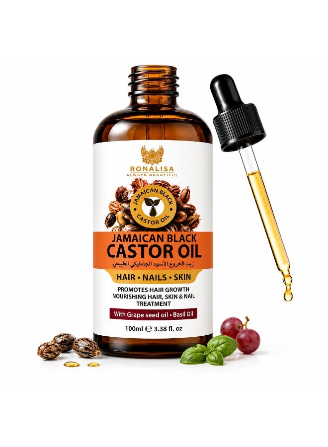 Ronalisa Jamaican Black Castor Oil For Hair & Skin Care - Multipurpose Lightweight Non-Sticky Oil for Hair, Skin, Nails, Stretch Marks & Stomach - Infused with Grape Seed & Basil 100% Natural (Size in 100ml) - Image 1