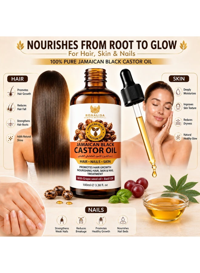Ronalisa Jamaican Black Castor Oil For Hair & Skin Care - Multipurpose Lightweight Non-Sticky Oil for Hair, Skin, Nails, Stretch Marks & Stomach - Infused with Grape Seed & Basil 100% Natural (Size in 100ml) - Image 2