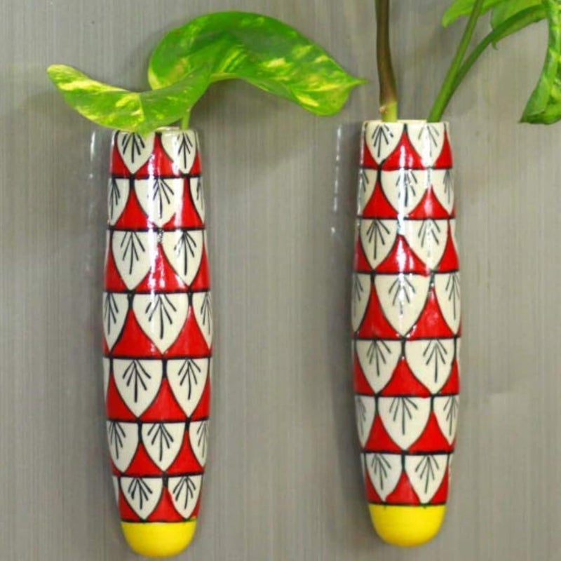 Lazy Gardener Lazy Gardener Magnetic Ceramic Planter Set Decorative HandPainted Plant Holders for Refrigerator Indoor Spaces Red Yellow Set of 2 