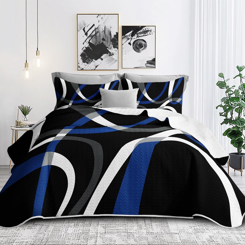 weesire Black and Blue Bedding Queen Size with 2 Shams, Modern Stripe Comforter Sets Classic Line Pattern Bedspreads Grey and Blue Coverlet, 90''x96'' - Image 1