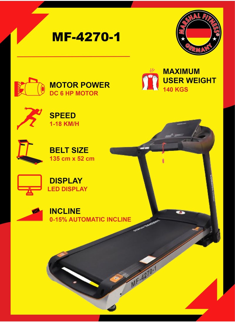 Marshal Fitness - MF-4270-1 Automatic Incline Low Noise 6 HP DC Motor LED Display Foldable Treadmill For Home Use - Image 1