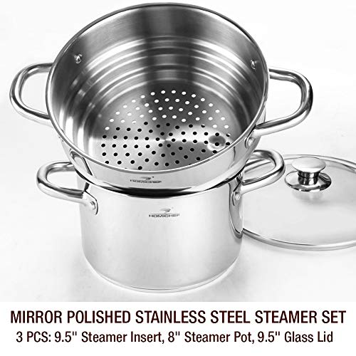 HOMICHEF 3 PCS Whole Food Steamer Set - Nickel Free Stainless Steel Veggie Steam Pot (9.5" Large Vegetable Steamer Insert With Lid, 8" Steam Pot) - Image 3