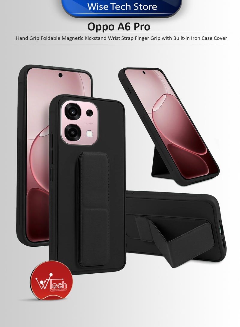 دبليو تيك هاتف أوبو A6 برو 5G 2025 مع قبضة يدوية، حامل مغناطيسي قابل للطي، حزام معصم، قبضة إصبع، مع غطاء علبة حديدي مدمج (MCGHSN) - أسود - Image 1