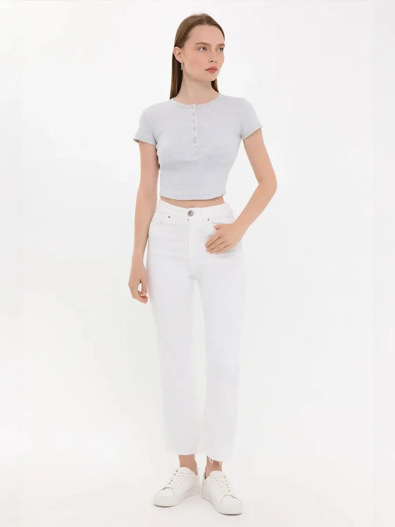 HICCUP Grey Buttoned Short Sleeve Round Neck T-Shirt for Women | Best Price UAE