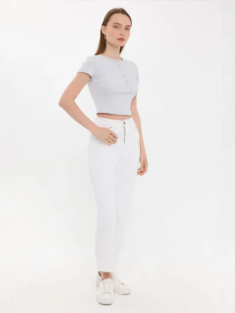 HICCUP Grey Buttoned Short Sleeve Round Neck T-Shirt for Women | Best Price UAE
