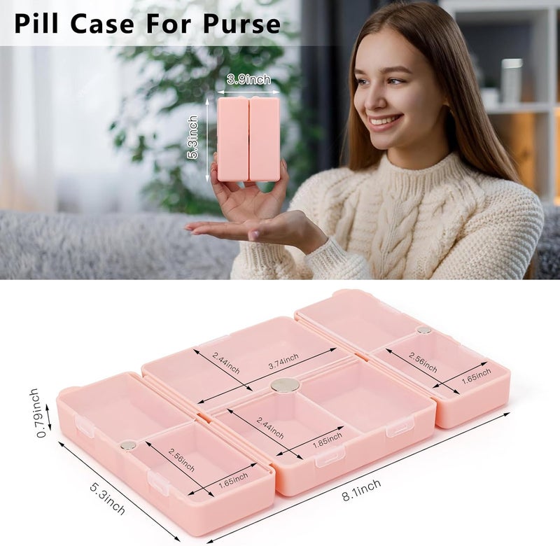 FYY Daily Pill Organizer,2 Pcs 7 Compartments Portable Pill Case Travel Pill Organizer,[Folding Design] Pill Box for Purse Pocket to Hold Vitamins,Cod Liver Oil,Supplements and Medication-Pink+Navy - Image 3