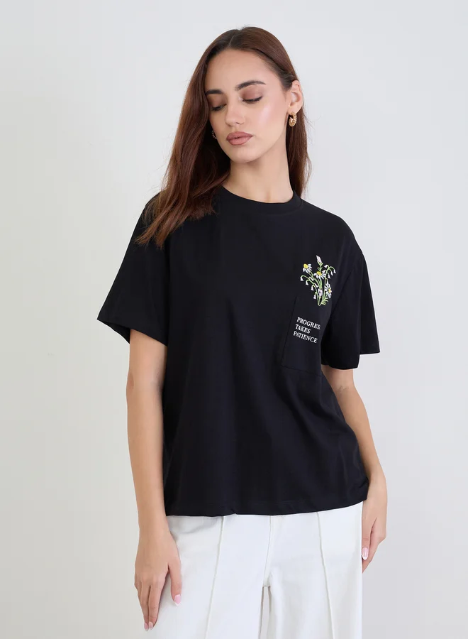 Styli Styli Black Embroidered Floral Pocket T-Shirt