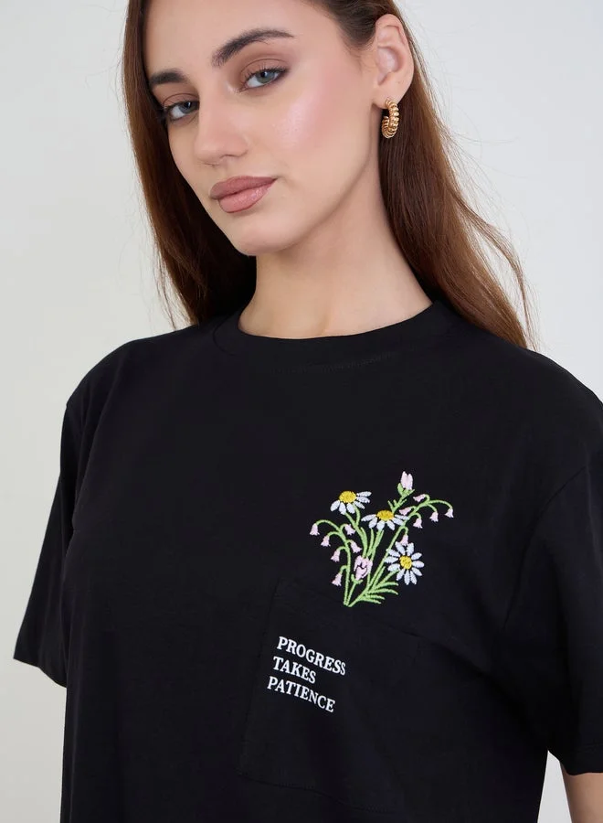 Styli Black Styli Black Embroidered Floral Pocket T-Shirt for Women | Best Price UAE