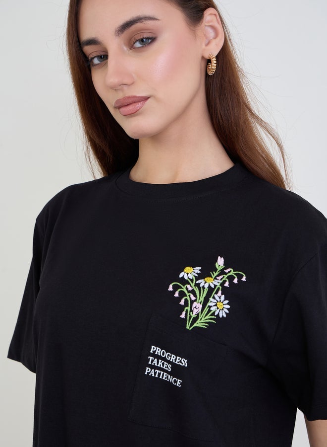 Styli Black Embroidered Floral Pocket T-Shirt - Image 3