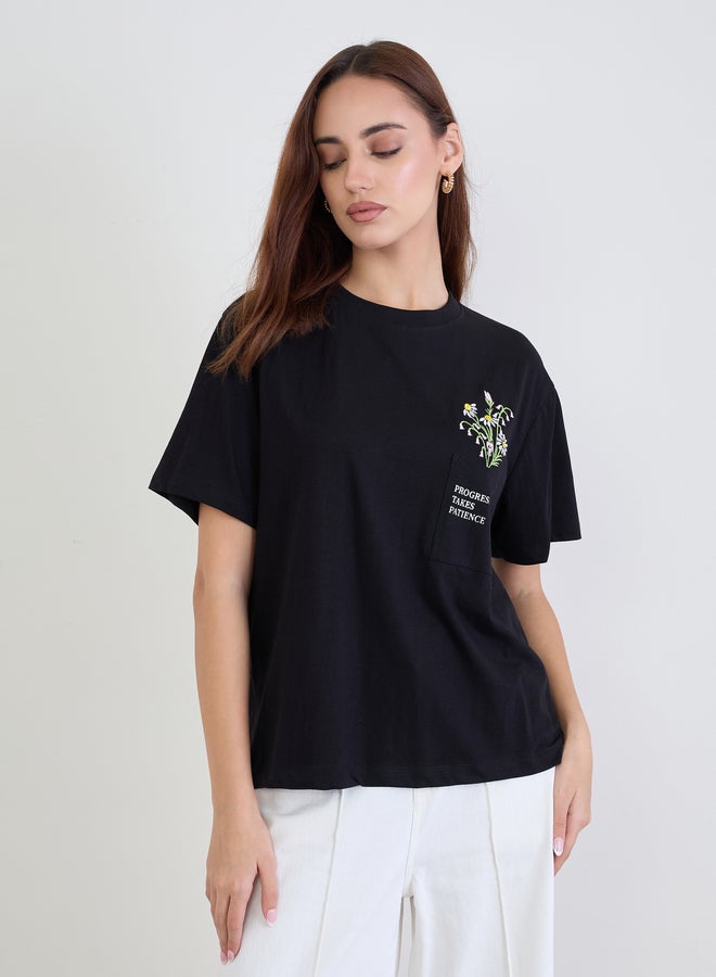 Styli Black Embroidered Floral Pocket T-Shirt - Image 1