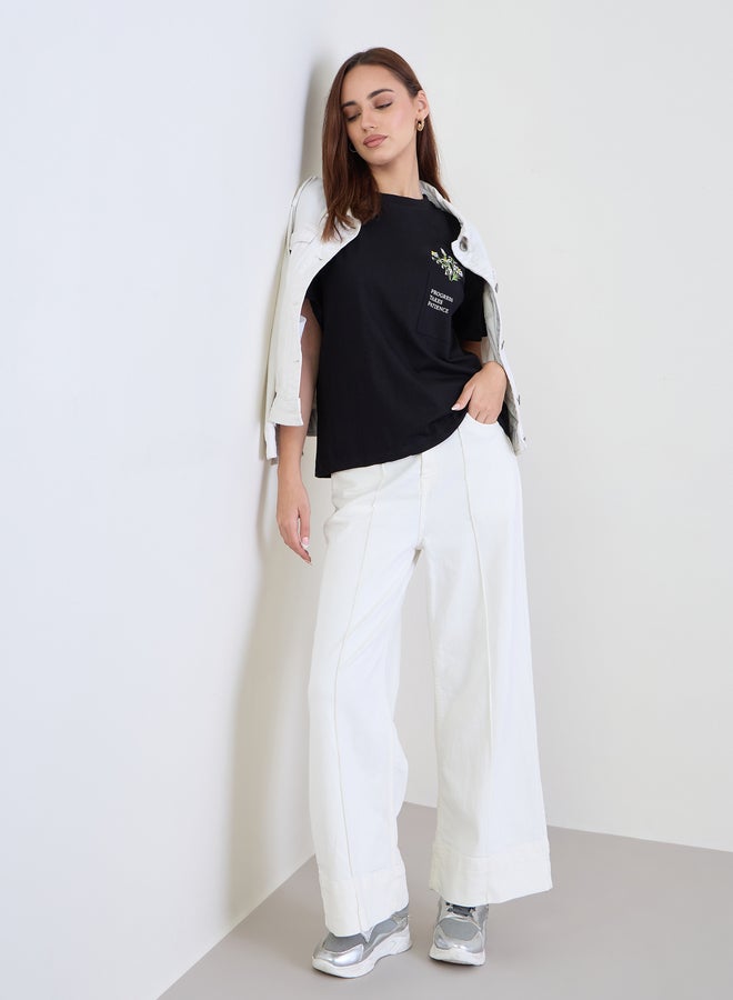 Styli Black Embroidered Floral Pocket T-Shirt - Image 2