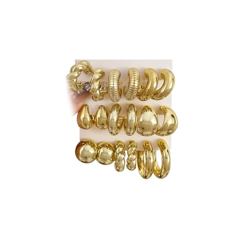 IFKM 9 Pairs Gold Hoop Earrings Set For Women Hypoallergenic Chunky Chain Twisted Open Hoops Dangle Earring Packs For Birthday Party Christmas Fashion Jewelry Gift - Image 1