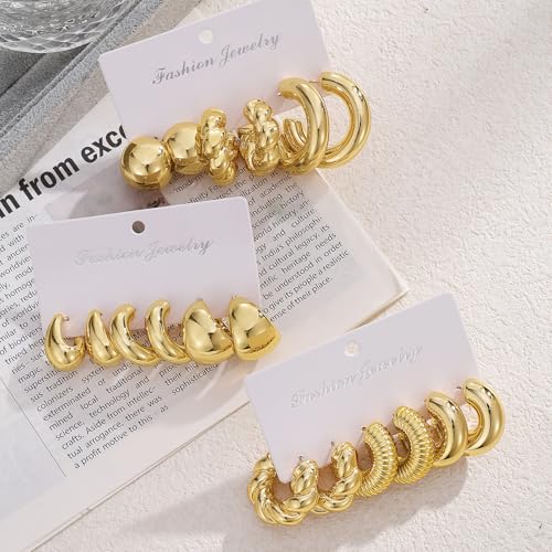 IFKM 9 Pairs Gold Hoop Earrings Set For Women Hypoallergenic Chunky Chain Twisted Open Hoops Dangle Earring Packs For Birthday Party Christmas Fashion Jewelry Gift - Image 5