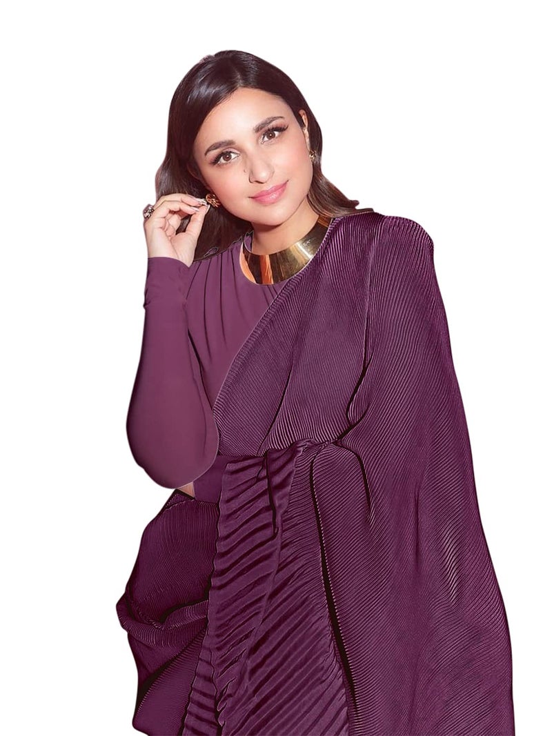 Sidhidata ساري سيدي داتا النسائي بلون النبيذ مع قطعة بلوزة بتصميم مطوي من الألياف الصناعية - Image 1