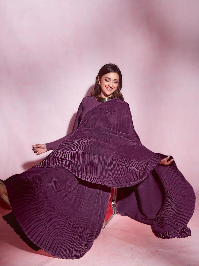 Sidhidata ساري سيدي داتا النسائي بلون النبيذ مع قطعة بلوزة بتصميم مطوي من الألياف الصناعية - Image 2