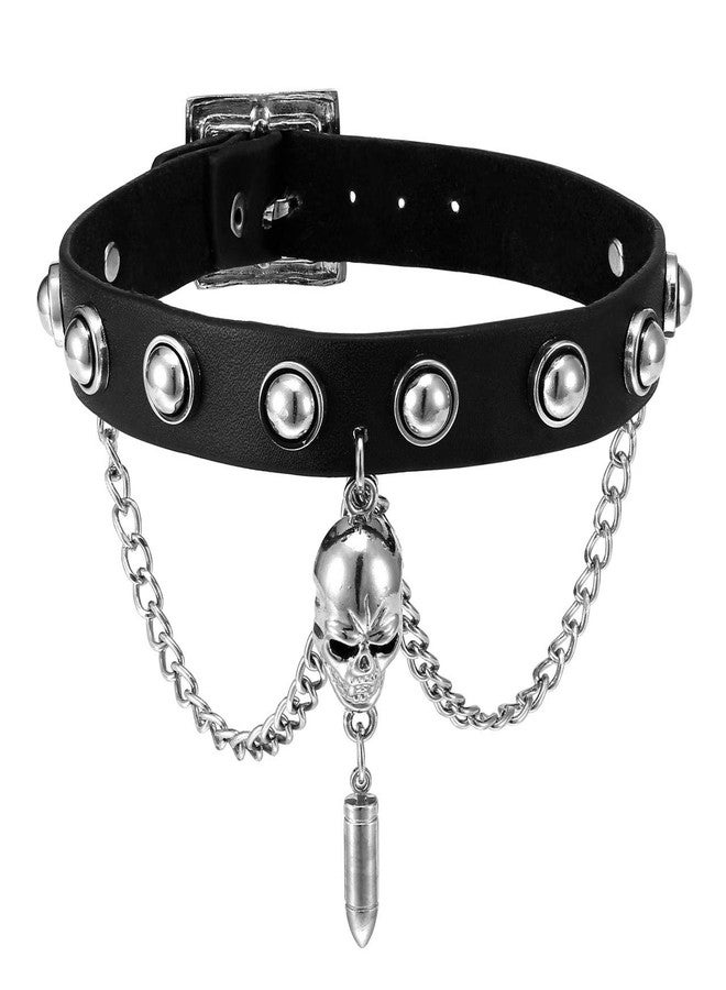 Zysta Unisex Genuine Leather Choker Necklace Adjustable Studed Collar Wide Band Chain Goth Punk Rocker Bold Costume Necklaces Women Gothic Accessory - Image 1