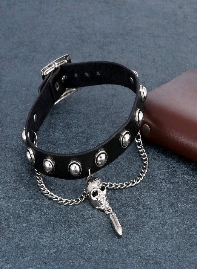 Zysta Unisex Genuine Leather Choker Necklace Adjustable Studed Collar Wide Band Chain Goth Punk Rocker Bold Costume Necklaces Women Gothic Accessory - Image 4