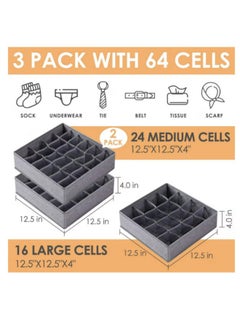 Hanayo 3 Pack Sock Underwear Organizer Dividers, 64 Cell Drawer Organizers Fabric Foldable Cabinet Closet Organizers and Storage Boxes for Storing Socks, Underwear, Ties, Gray  - Image 2