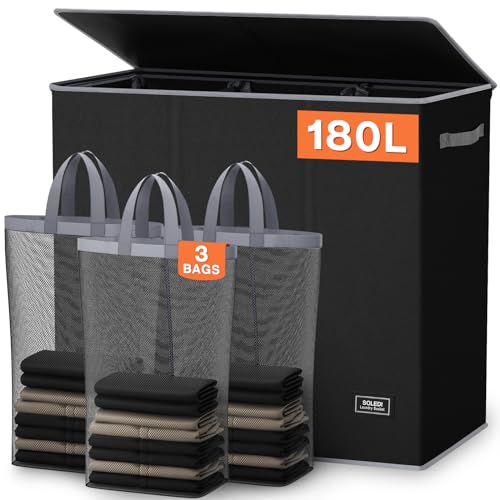 SOLEDI 180L Laundry Hamper 3 Section, Extra Large Laundry Hamper with Lid, Dirty Clothes Hamper with Sturdy Handle, Large Laundry Basket Organizer for Laundry Room, Bedroom, Hampers for Laundry - Image 1