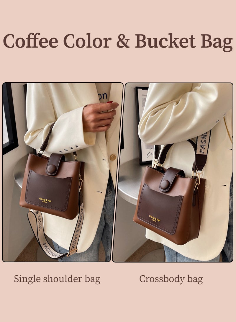 Moovant Vintage Shoulder Bag, Fashion Bucket Bag, Women's Tote, Crossbody Bag, PU Buckle Bucket Bag, Brown  - Image 2