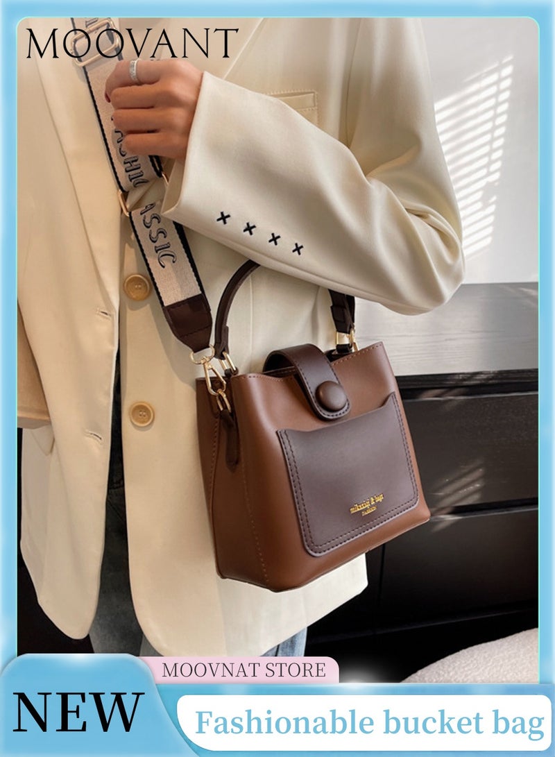 Moovant Vintage Shoulder Bag, Fashion Bucket Bag, Women's Tote, Crossbody Bag, PU Buckle Bucket Bag, Brown  - Image 1