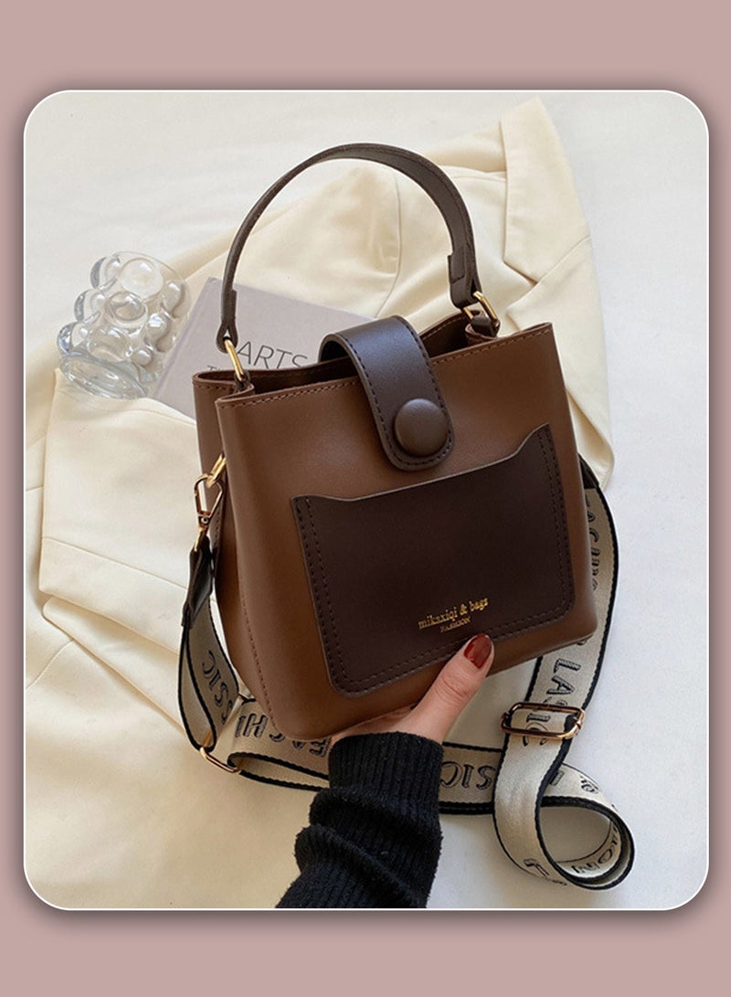 Moovant Vintage Shoulder Bag, Fashion Bucket Bag, Women's Tote, Crossbody Bag, PU Buckle Bucket Bag, Brown  - Image 3