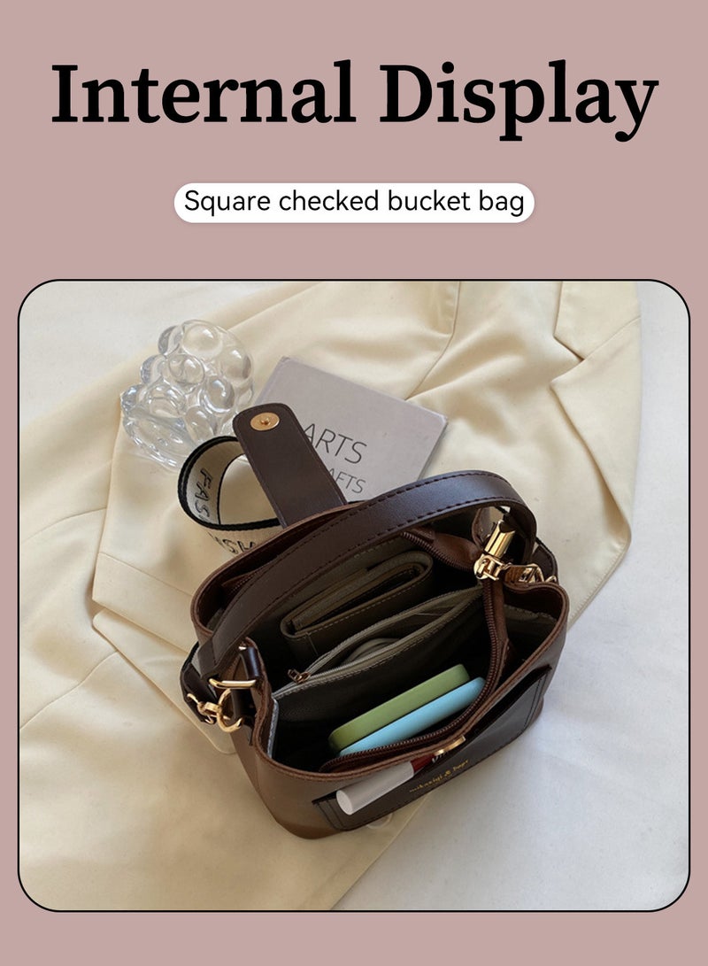 Moovant Vintage Shoulder Bag, Fashion Bucket Bag, Women's Tote, Crossbody Bag, PU Buckle Bucket Bag, Brown  - Image 4