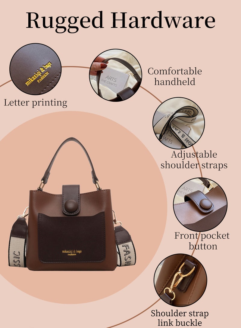 Moovant Vintage Shoulder Bag, Fashion Bucket Bag, Women's Tote, Crossbody Bag, PU Buckle Bucket Bag, Brown  - Image 5