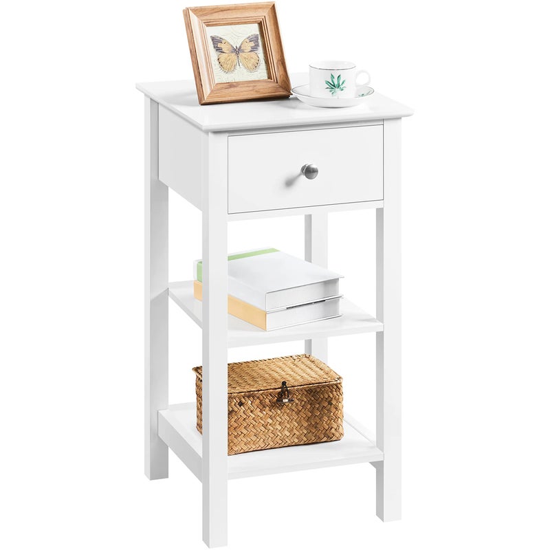 Yaheetech Narrow Bedside Table Slim Nightstand Cabinet Unit with 1 Drawer  2 Shelves Wood Sofa End Side Table with Storage for Living RoomBedroomHallwayLoungeSmall Space White 353570cm