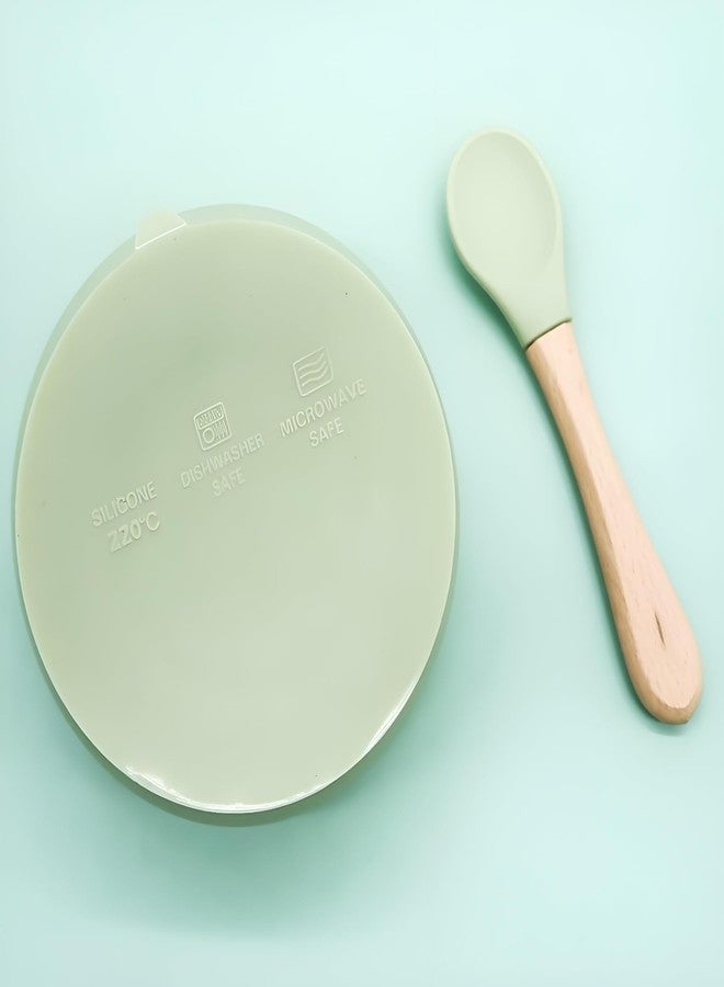yomith Silicone Baby Food Bowl with Wooden Handle Spoon, Flexible Food-Grade Silicone, Big Super Suction Base, Non-Slip, Kids Training Feeding Tableware Eating Bowl (Green) - Image 4