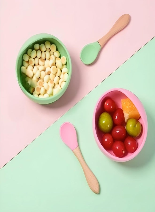 yomith Silicone Baby Food Bowl with Wooden Handle Spoon, Flexible Food-Grade Silicone, Big Super Suction Base, Non-Slip, Kids Training Feeding Tableware Eating Bowl (Green) - Image 2