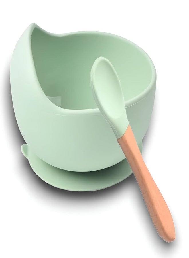 yomith Silicone Baby Food Bowl with Wooden Handle Spoon, Flexible Food-Grade Silicone, Big Super Suction Base, Non-Slip, Kids Training Feeding Tableware Eating Bowl (Green) - Image 1