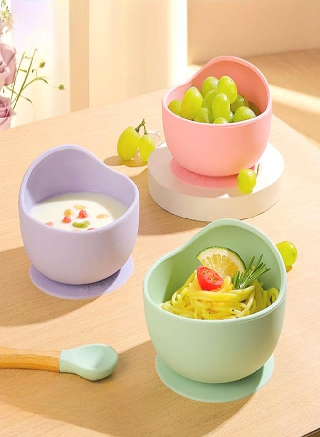 yomith Silicone Baby Food Bowl with Wooden Handle Spoon, Flexible Food-Grade Silicone, Big Super Suction Base, Non-Slip, Kids Training Feeding Tableware Eating Bowl (Green) - Image 3